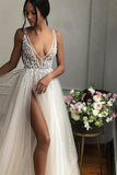 A-Line V-Neck Floor Length Ivory Prom Dress with Beading Split HZ0509