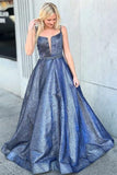 Square Criss-Cross Straps Blue Satin Prom Dress with Beading HZ0509