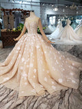 Long Sleeves Ball Gown Wedding Dresses, Floral Appliques Wedding Gown HZ0509