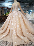 Long Sleeves Ball Gown Wedding Dresses, Floral Appliques Wedding Gown HZ0509