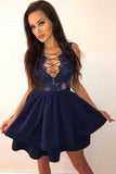Short Tiered Navy Blue Sexy Homecoming Dress with Appliques HZ0509