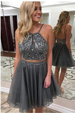 Two Piece Backless Homecoming Dresses,Beaded Short Prom Dress HZ0509
