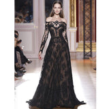 Long Sleeves Off the Shoulder Lace Appliques A Line Black Prom Dresses HZ0509