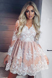 V-neck Long Sleeves Short Pink Homecoming Dress with Appliques HZ0509