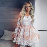 V-neck Long Sleeves Short Pink Homecoming Dress with Appliques HZ0509