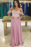 Shoulder A-Line Spaghetti Straps Pink Long Chiffon Prom Dress with Lace HZ0509