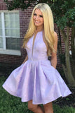 Above-Knee Lilac Satin Printed Homecoming Dress with Pockets HZ0509