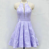 Above-Knee Lilac Satin Printed Homecoming Dress with Pockets HZ0509