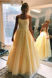 A-Line Round Neck Yellow Tulle Lace Prom Dresses Formal Dresses HZ0509