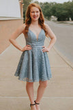 Spaghetti Straps Backless Blue Lace Homecoming Dress HZ0509