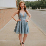 Spaghetti Straps Backless Blue Lace Homecoming Dress HZ0509