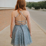 Spaghetti Straps Backless Blue Lace Homecoming Dress HZ0509