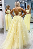 A-Line Round Neck Yellow Tulle Lace Prom Dresses Formal Dresses HZ0509