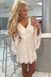 V-neck Open Back Bell Sleeves Short White Lace Homecoming Dress HZ0509