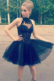 Lace Tulle High Neck Black Homecoming Dress, Short Prom Dresses HZ0509