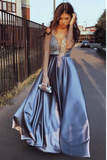 Blue V-Neck Beaded A Line Prom Dress Formal Evening Dress HZ0509