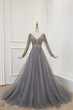 Line Long Sleeves V Neck Grey Beading Prom Dresses HZ0509