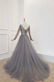 Line Long Sleeves V Neck Grey Beading Prom Dresses HZ0509