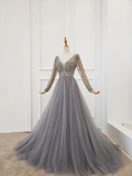 Line Long Sleeves V Neck Grey Beading Prom Dresses HZ0509