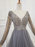 Line Long Sleeves V Neck Grey Beading Prom Dresses HZ0509