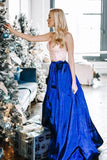 Piece Spaghetti Straps Floor-Length Royal Blue Prom Dress with Lace Bodice HZ0509