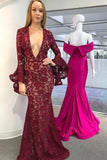 Mermaid Deep V-Neck Long Sleeves Lace Prom Dress HZ0509