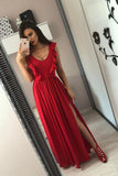 V-Neck Floor-Length Red Prom Dress with Split Ruffles HZ0509