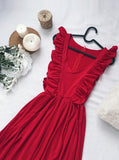 V-Neck Floor-Length Red Prom Dress with Split Ruffles HZ0509