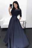 Bateau Half Sleeves Dark Blue Prom Dress with Beading Pockets HZ0509