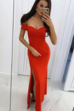 Off The Shoulder Burgundy Satin Long Prom Dresses With Slit HZ0509