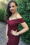 Off The Shoulder Burgundy Satin Long Prom Dresses With Slit HZ0509