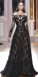 Long Sleeves Off the Shoulder Lace Appliques A Line Black Prom Dresses HZ0509