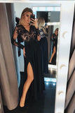 V-Neck Long Sleeves Black Split Evening Prom Dress with Lace HZ0509