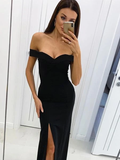 Off The Shoulder Burgundy Satin Long Prom Dresses With Slit HZ0509