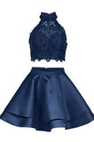 Piece Dark Blue Short Homecoming Dress with Lace, A Line Satin Graduation Dress HZ0509