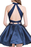 Piece Dark Blue Short Homecoming Dress with Lace, A Line Satin Graduation Dress HZ0509