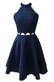 Piece Dark Blue Short Homecoming Dress with Lace, A Line Satin Graduation Dress HZ0509