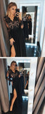 V-Neck Long Sleeves Black Split Evening Prom Dress with Lace HZ0509