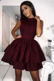 Burgundy High Neck Short Homecoming Dresses With Tiered Skirt HZ0509