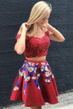 Line Two Piece Red Off Shoulder Lace Applique Short Homecoming Dresses HZ0509