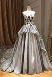 A Line Strapless Gray Cheap Appliques Long Prom Dress HZ0509