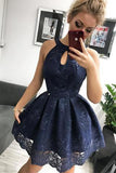 Blue Lace Homecoming Dress, Simple Sleeveless Short Party Dresses HZ0509