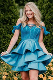 Line Off the Shoulder Satin Tired Mini Homecoming Dresses,Short Prom Dresses HZ0509