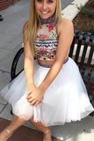 White Two Piece Embroidery High Neck Tulle Homecoming Dress HZ0509