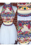 White Two Piece Embroidery High Neck Tulle Homecoming Dress HZ0509