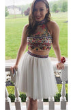 White Two Piece Embroidery High Neck Tulle Homecoming Dress HZ0509
