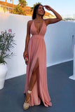Deep V-Neck Floor-Length Pink Chiffon Prom Dress with Split HZ0509