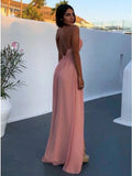 Deep V-Neck Floor-Length Pink Chiffon Prom Dress with Split HZ0509