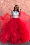 Red Ball Gowns Organza Ruffle Sequin Top Prom Dresses HZ0509