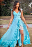 V-Neck Lace Up Light Blue Long Prom Dress with Beading Split HZ0509
